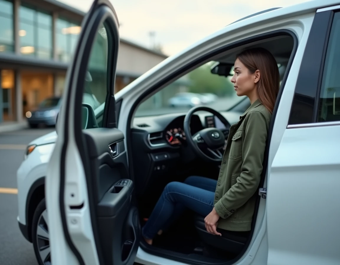 Femme examinant l'intérieur numérique d'un SUV hybride blanc dans un parking moderne