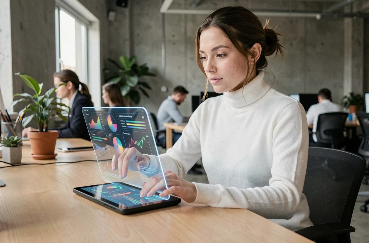 Femme utilisant une tablette high-tech holographique dans un espace de travail moderne et innovant