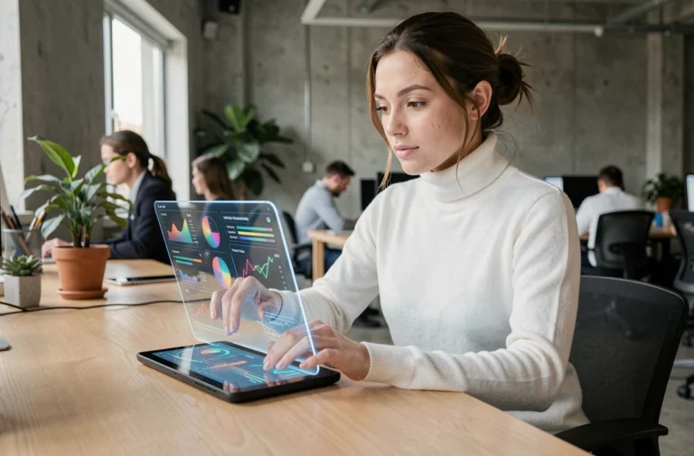 Femme utilisant une tablette high-tech holographique dans un espace de travail moderne et innovant
