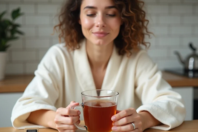 Jeune femme tenant une tasse de Lulutox Detox Tea dans une cuisine scandinave en bois naturel