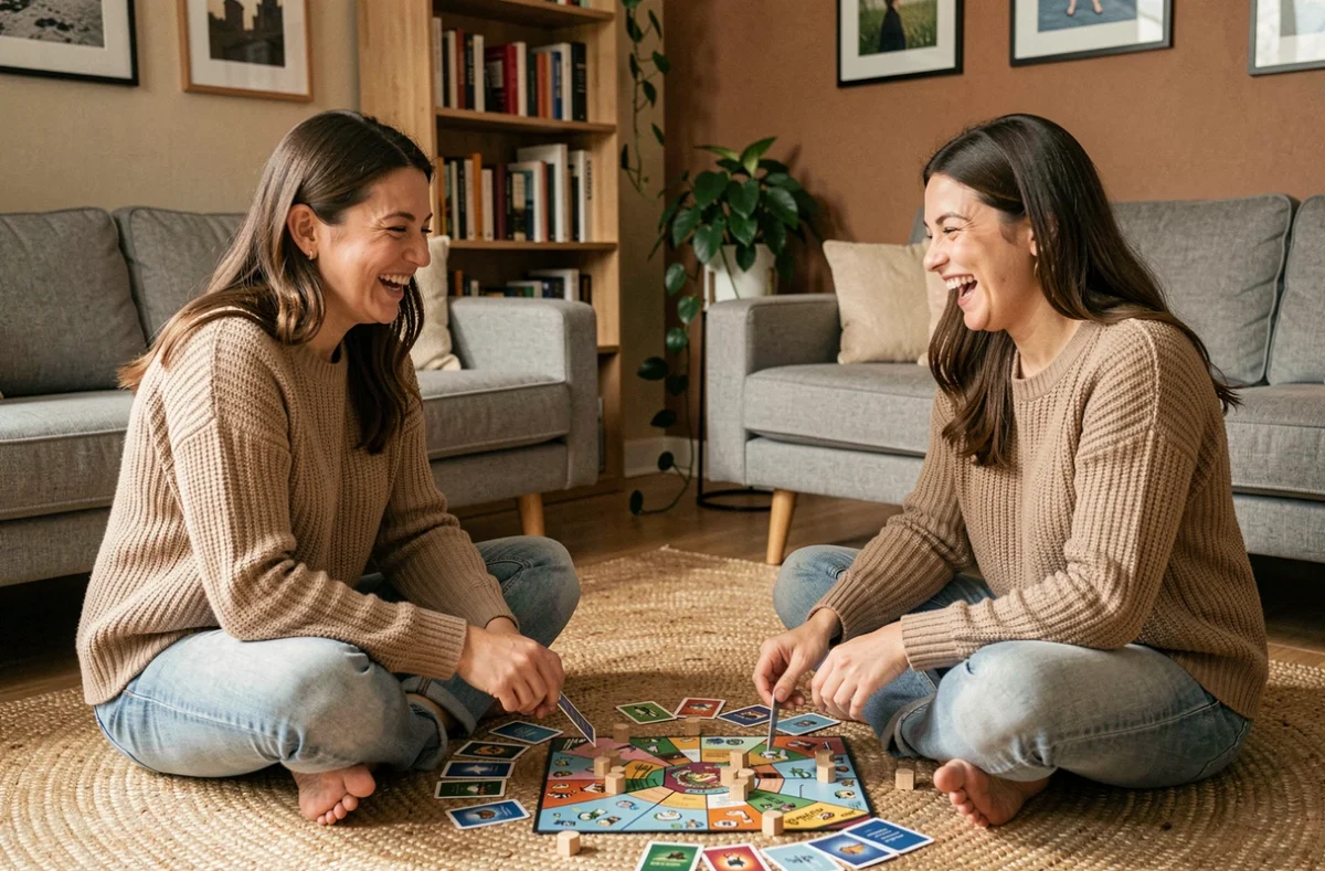 Deux femmes jouant à un jeu de société dans un salon cosy, idée de loisir convivial et divertissant entre amies