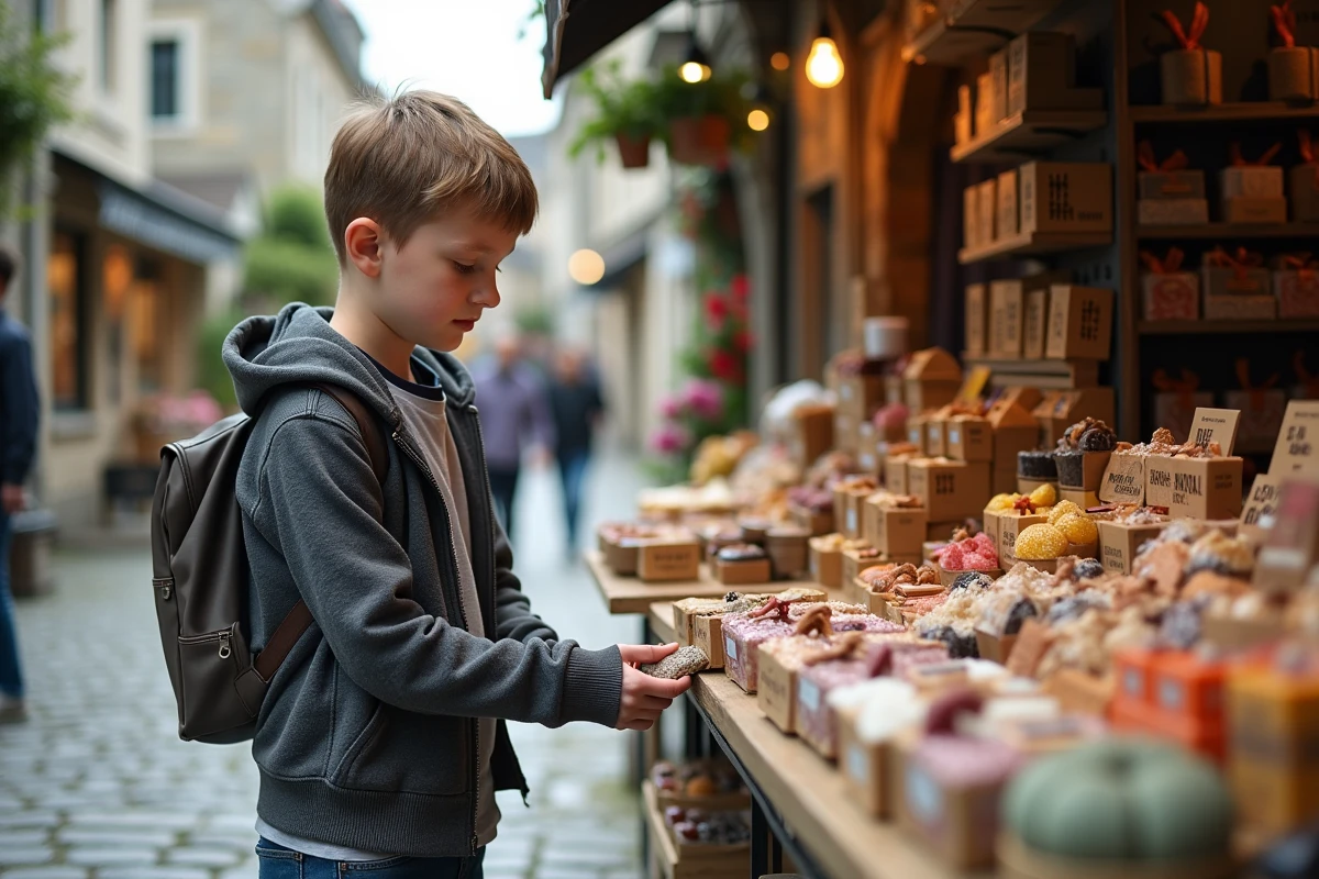 Garçon curieux découvrant produits bretons au marché
