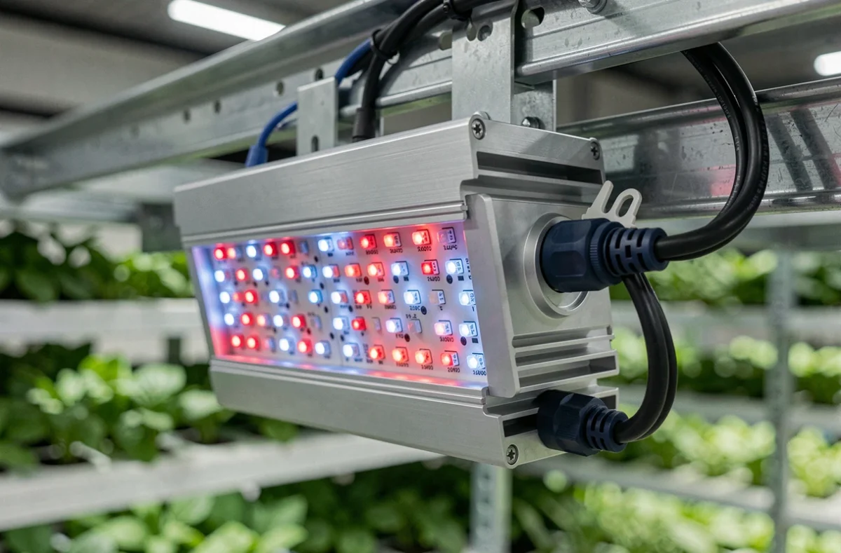 Gros plan sur un panneau LED horticole professionnel VGD monté en ferme verticale, révélant les diodes SMD rouge et bleu et la conception en aluminium