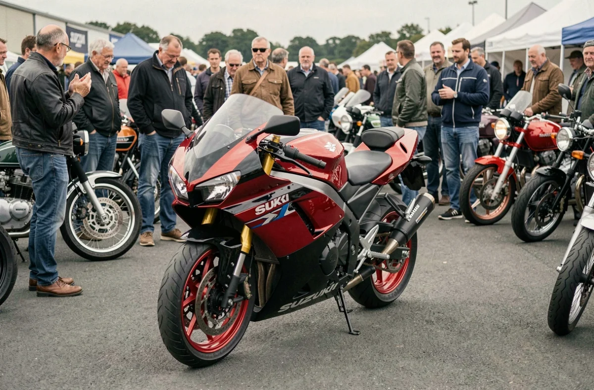 Suzuki GSXR 1100 restaurée exposée lors d'un rassemblement de motos classiques, entourée de collectionneurs passionnés admirant la moto en livrée rouge et noire
