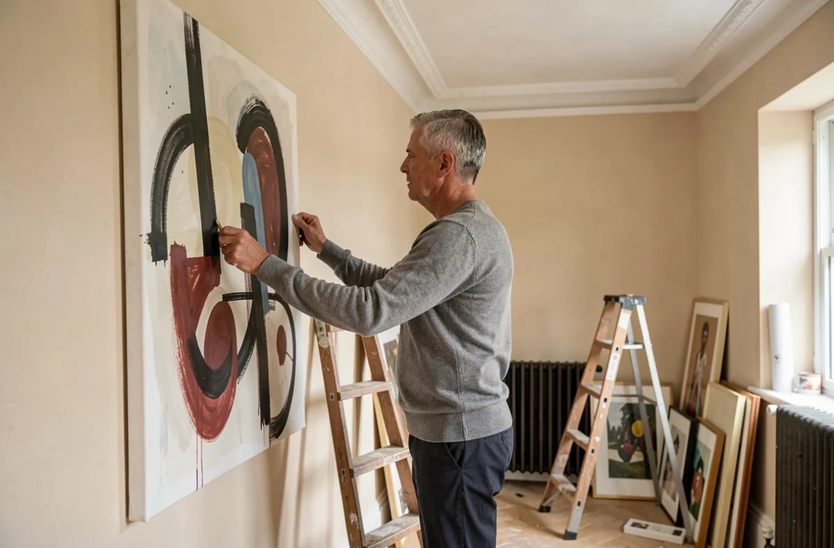 Homme accrochant un tableau abstrait sur un mur en argile pâle dans un intérieur rénové avec parquet et radiateur en fonte