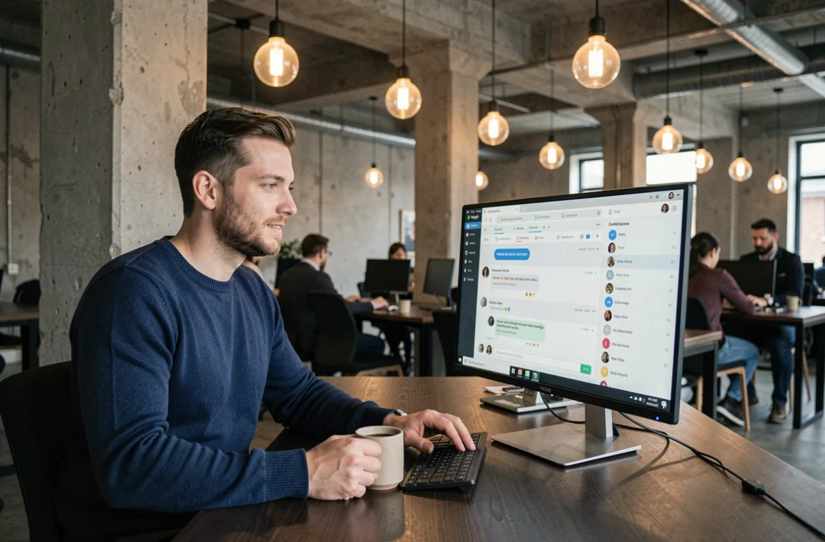 Homme dans un espace de coworking urbain utilisant un chat en ligne pour rejoindre une communauté de travail à distance