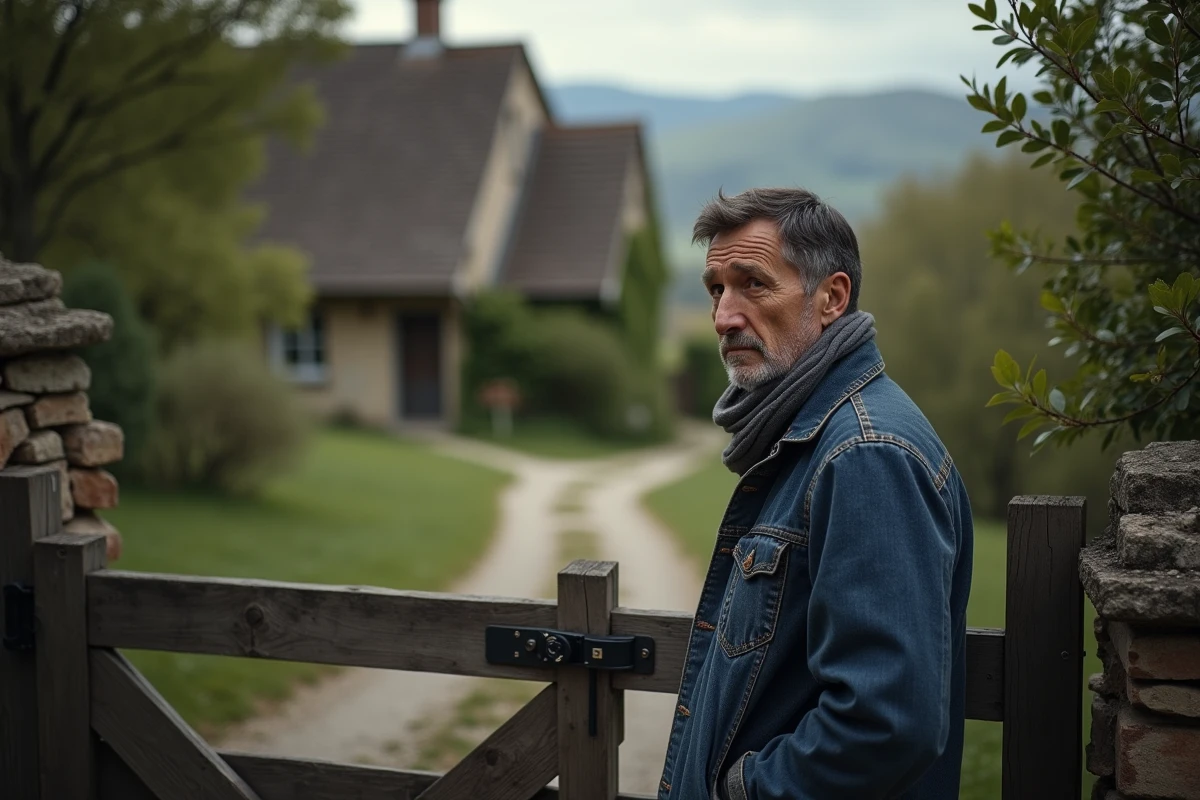 Homme contemplant porte en bois dans un cadre rural