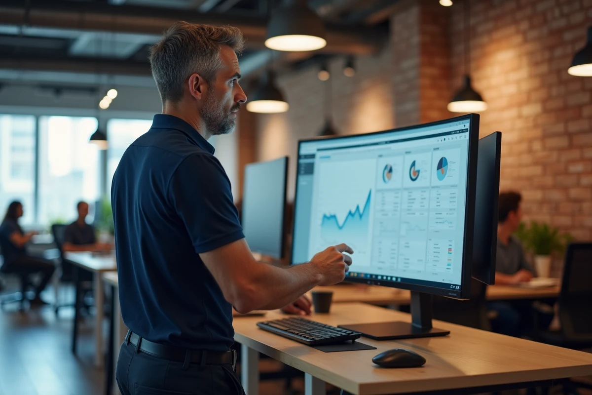 Homme analysant les statistiques de son site web sur un grand écran dans un espace de coworking moderne