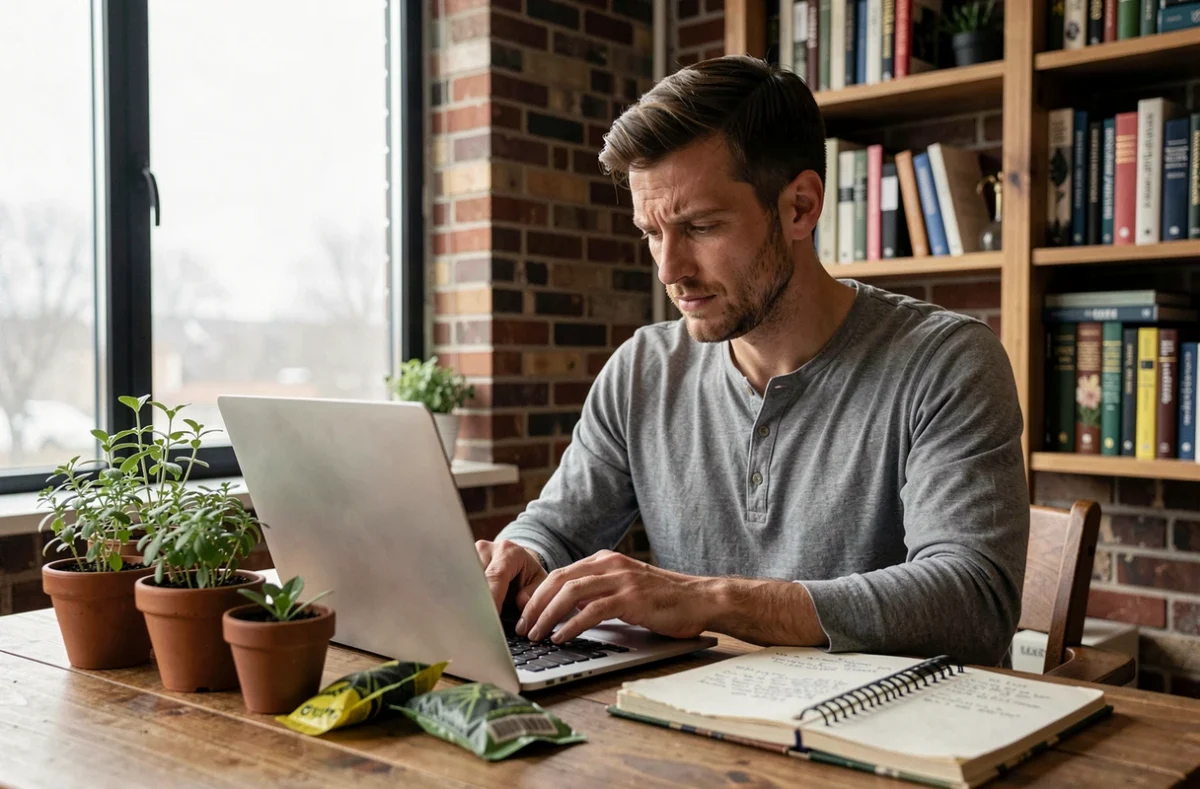 Homme consultant un site de jardinage en ligne sur son ordinateur portable entouré de plantes et de fiches de semis
