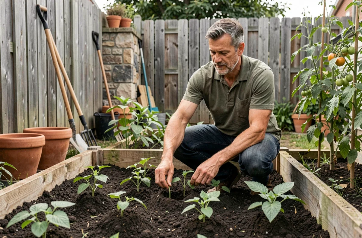 Homme jardinage en train de planter des légumes dans un potager surélevé, activité de loisir relaxante en plein air