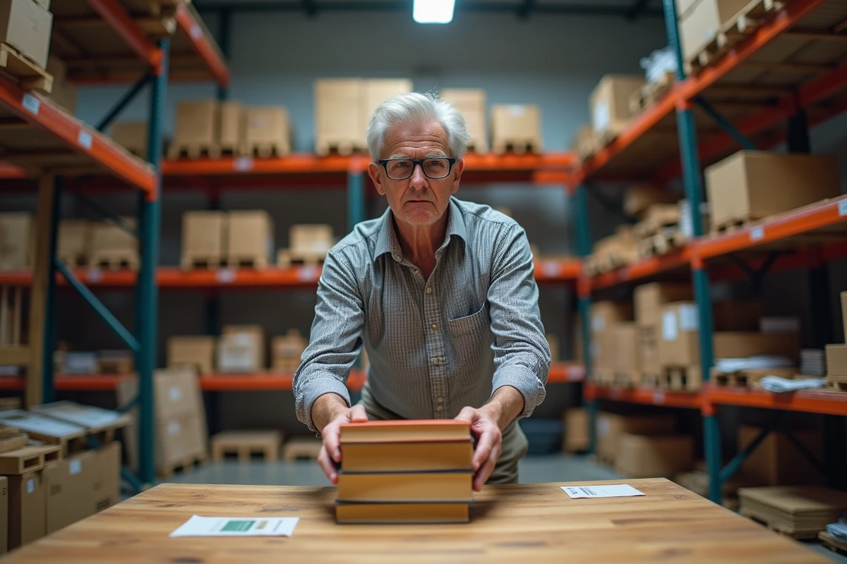 Homme âgé organisant des livres dans un entrepôt Emmaüs