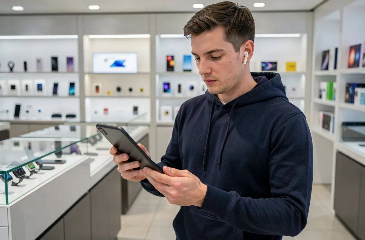 Homme testant un smartphone pliable dans une boutique high-tech spécialisée en innovation technologique