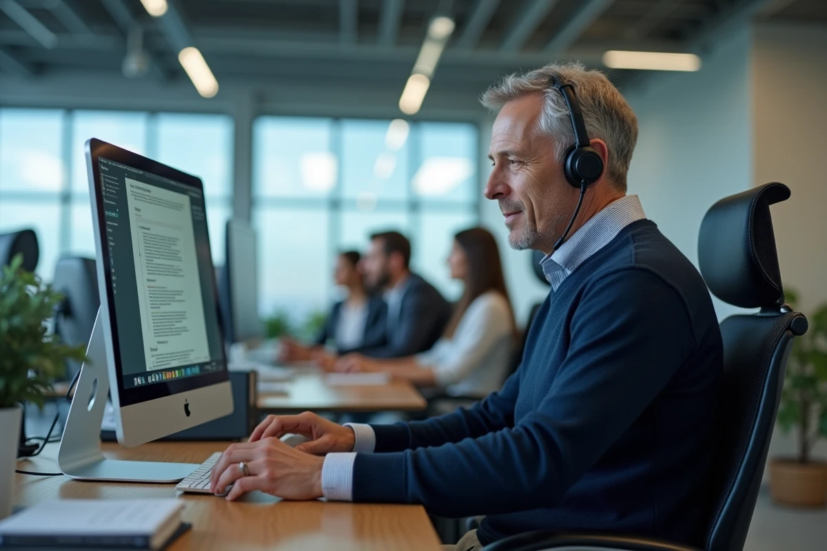 Homme d age moyen recevant de l aide en ligne au bureau
