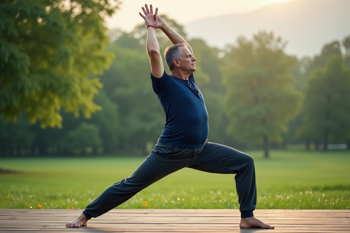 Homme pratiquant le yoga en plein air sur une terrasse en bois entourée de verdure pour prendre soin de sa santé