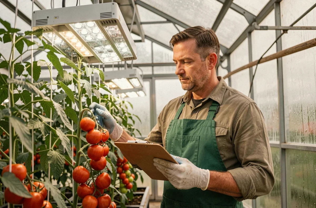 Horticulteur professionnel inspectant des plants de tomates dans une serre commerciale équipée de rampes LED horticoles professionnelles