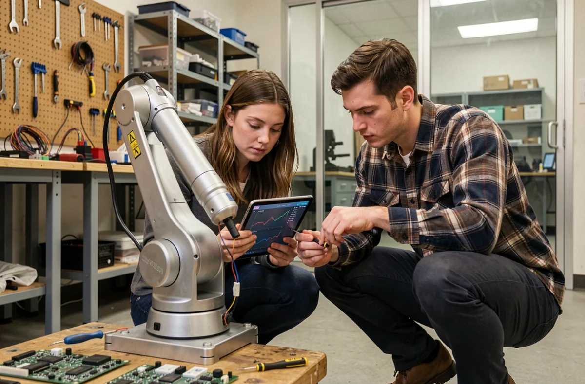 Deux ingénieurs travaillant sur un bras robotique prototype dans un laboratoire de recherche technologique
