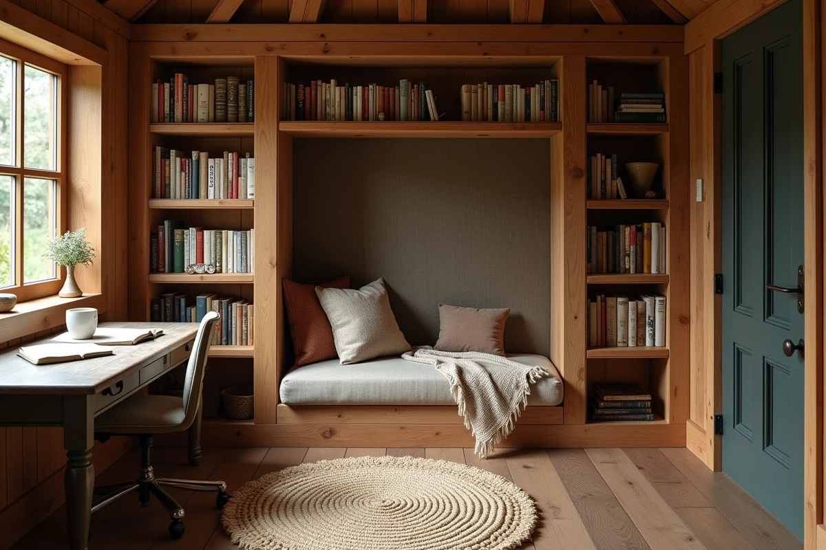 Intérieur aménagé d'une cabane de jardin avec coin lecture, étagères en bois et bureau vintage