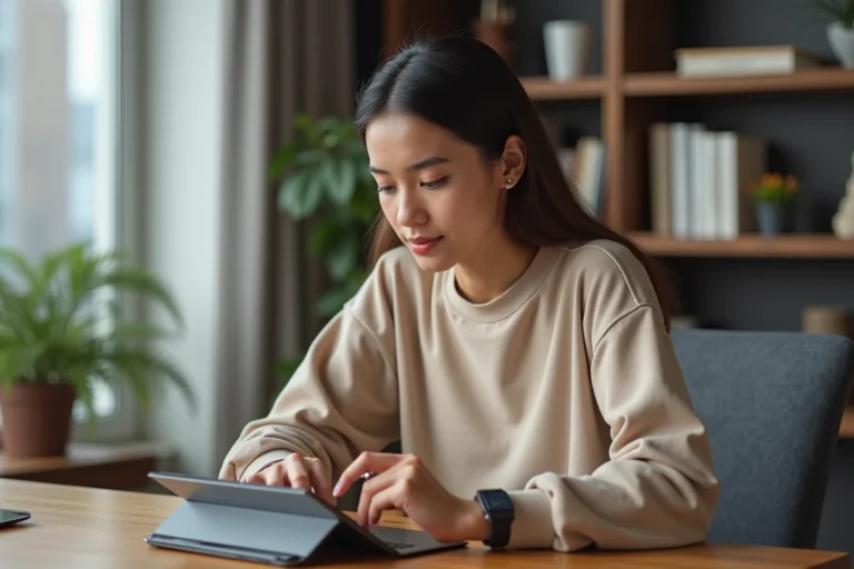 Jeune femme au bureau utilisant une tablette et une bague connectée