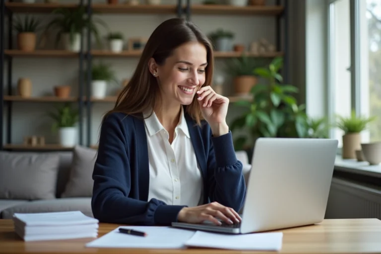 Jeune femme en recherche d'emploi avec CV et ordinateur