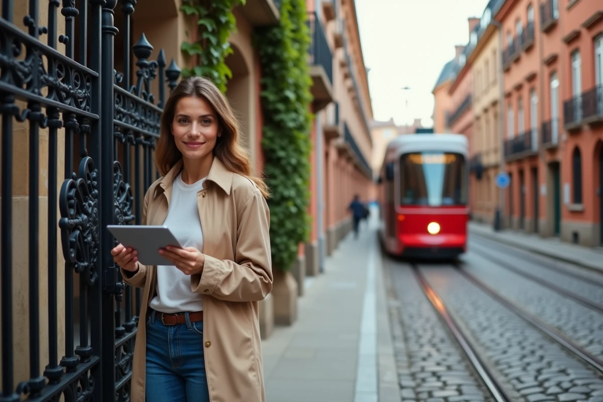 Jeune femme gestionnaire immobiliere devant une maison toulousaine