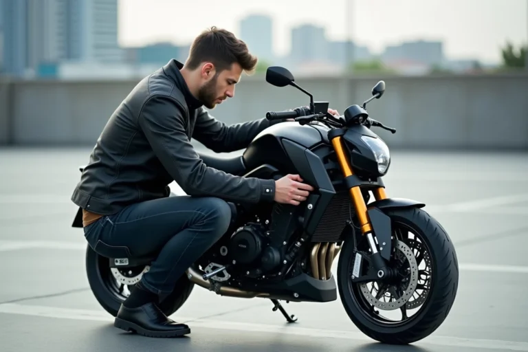 Jeune homme en moto urbaine examine le tableau de bord