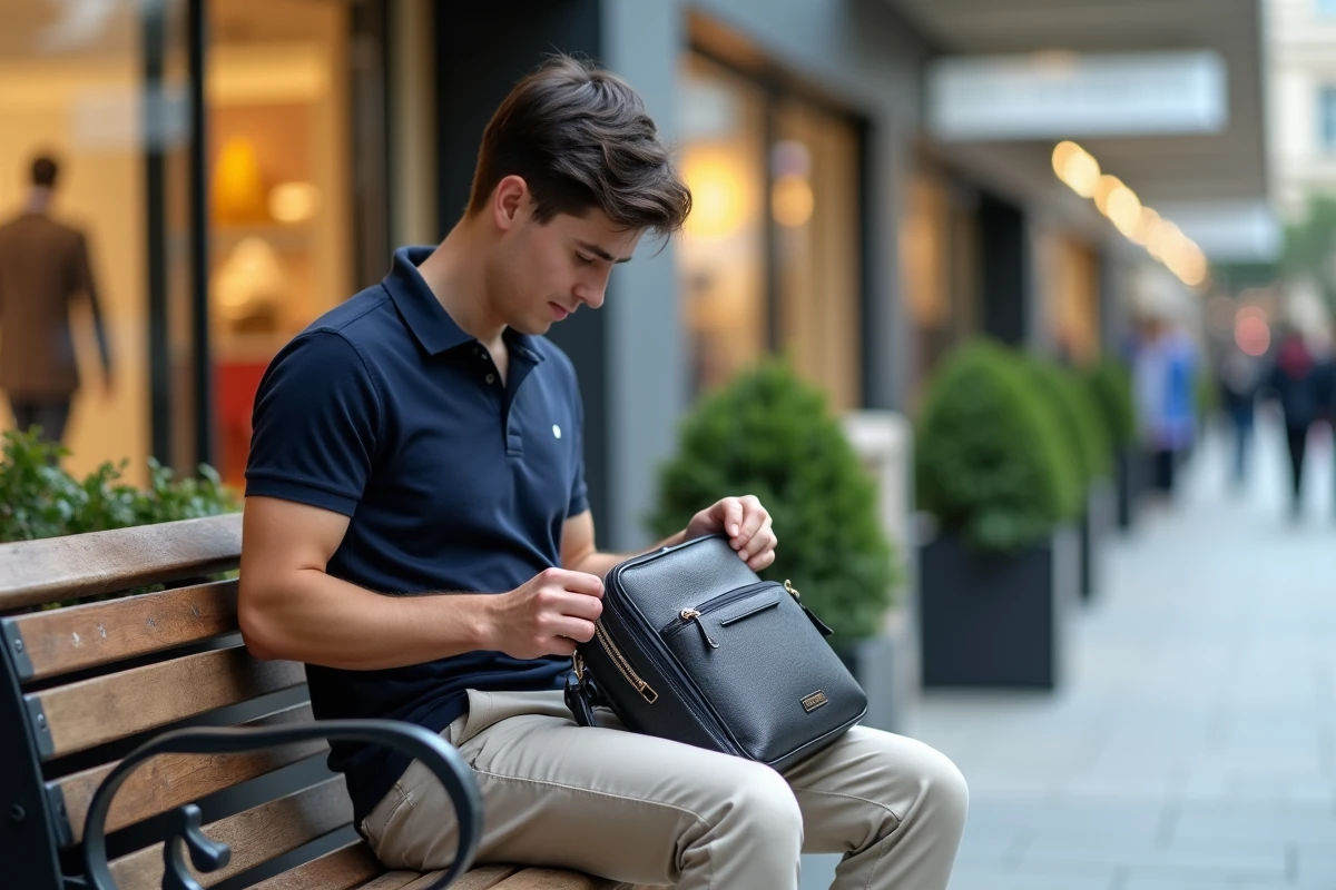 Jeune homme assis dehors examinant un sac à main casual