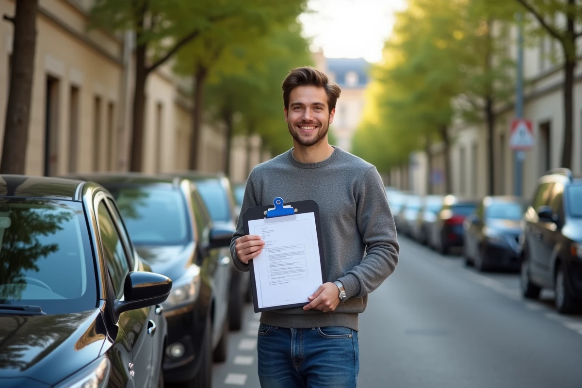 Jeune homme avec son assurance voiture dans la rue