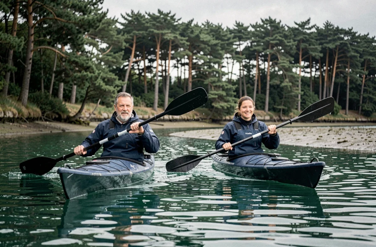 Deux adultes faisant du kayak de mer dans un estuaire breton entouré de forêts de chênes et de vasières