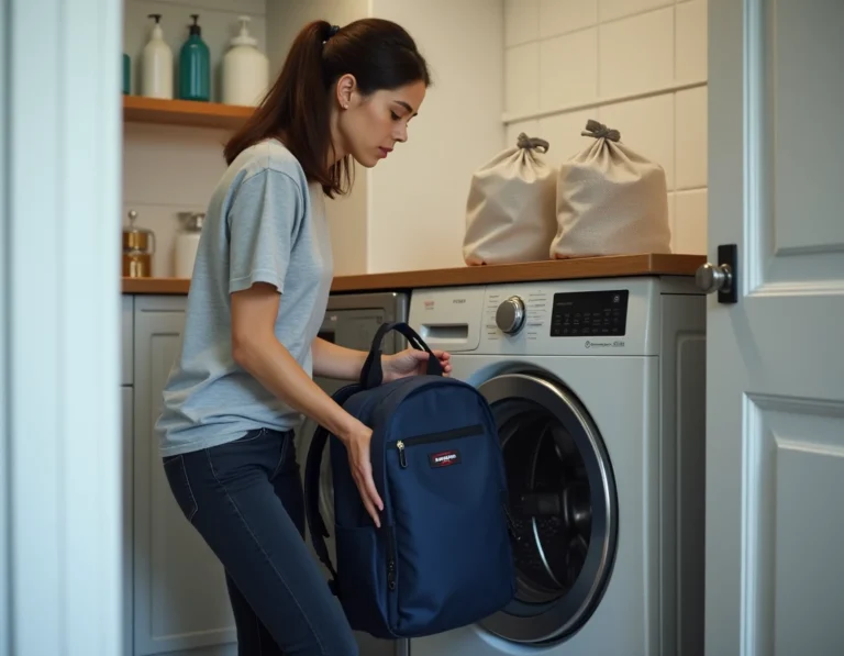 Femme plaçant un sac à dos Eastpak bleu marine dans un lave-linge pour un lavage en machine