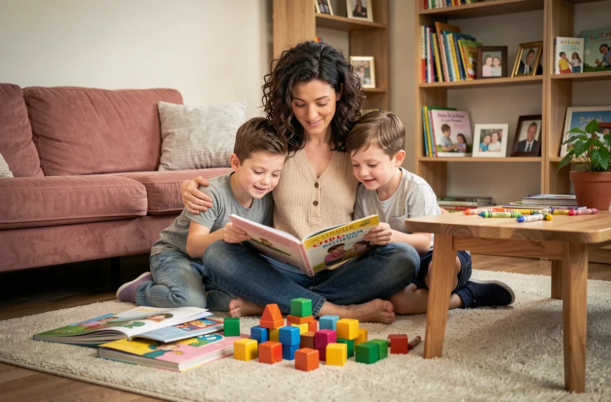 Mère lisant un livre illustré à ses deux enfants sur le sol du salon, moment de complicité familiale au quotidien