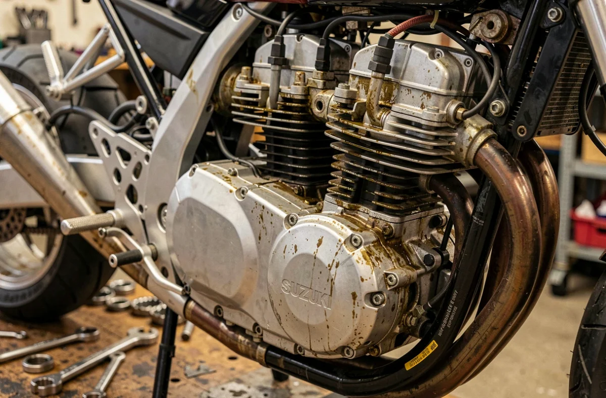 Gros plan sur le moteur quatre cylindres de la Suzuki GSXR 1100 dans un atelier de restauration moto, avec détails des carburateurs, du cadre en aluminium et de la connectique d'époque