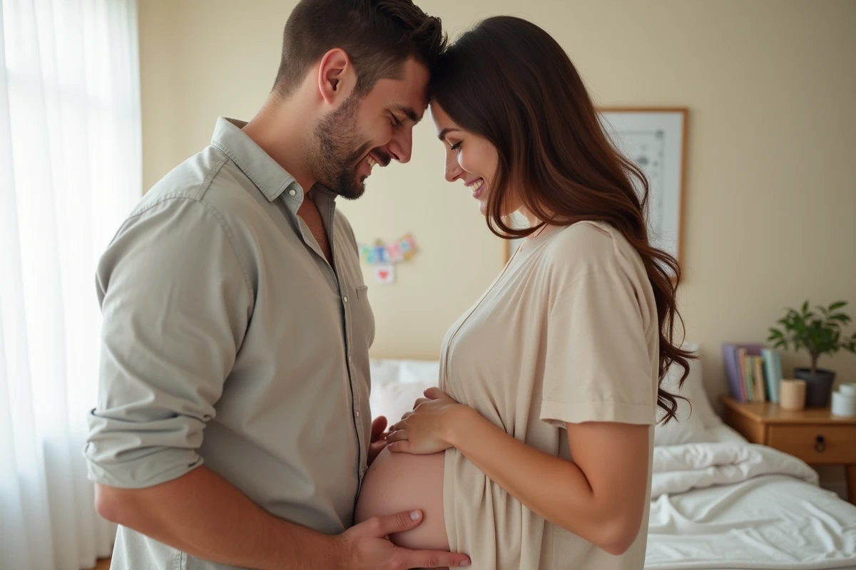 Père écoute le ventre de sa partenaire enceinte dans une chambre lumineuse