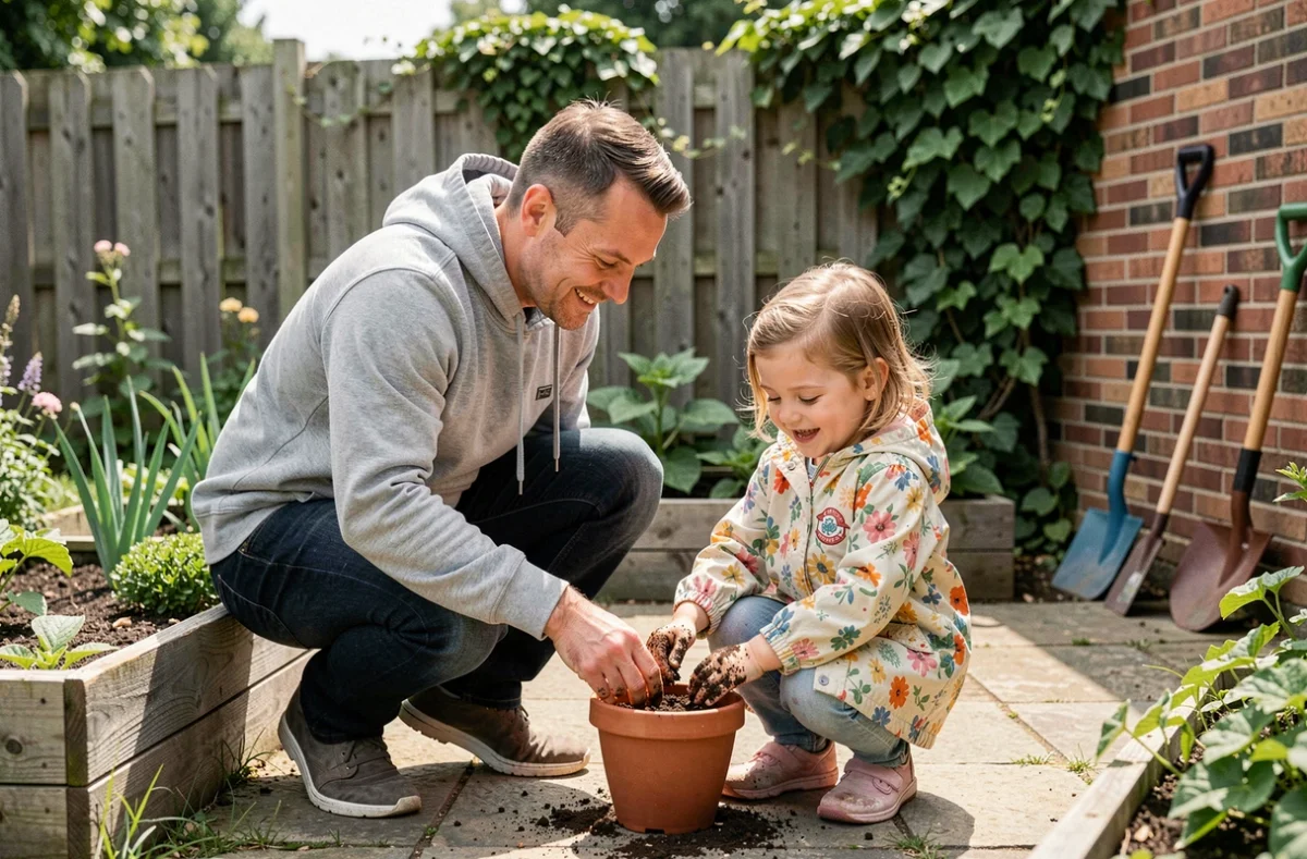 Père et fille jardinent ensemble dans un jardin familial, activité manuelle et complicité parent-enfant