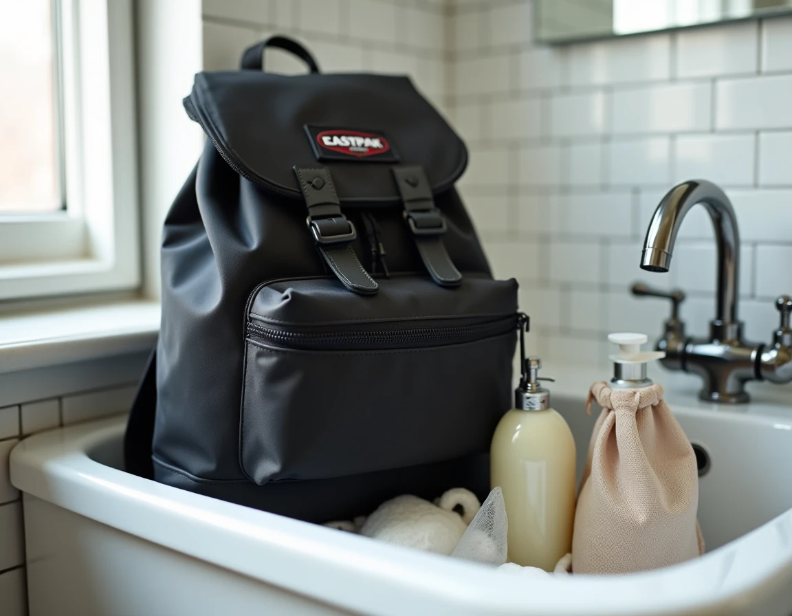 Gros plan sur un sac Eastpak noir posé près d'un filet de lavage et d'une lessive douce avant lavage en machine