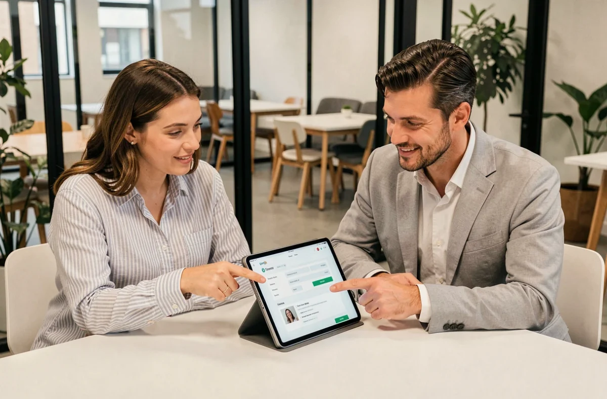 Deux professionnels consultant la page de contact d'un espace de coworking en ligne sur une tablette dans un bureau moderne