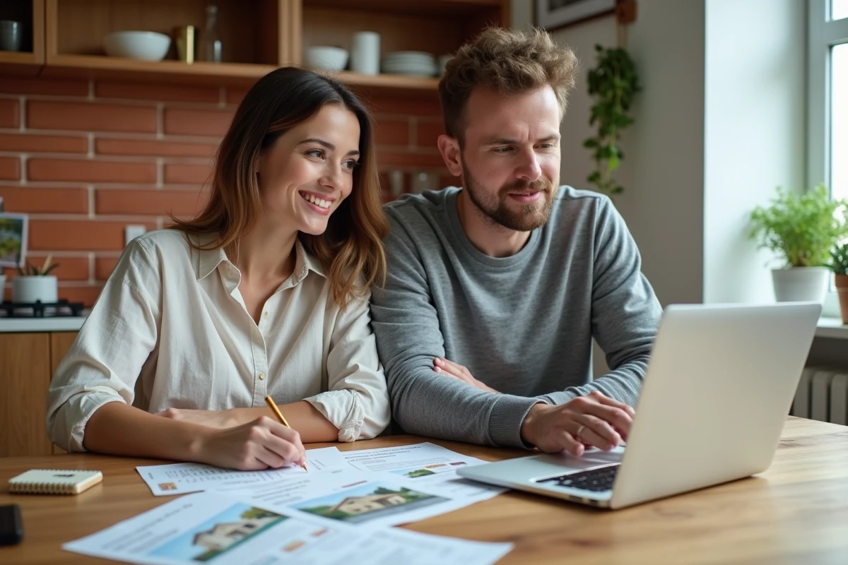Couple de propriétaires étudiant les estimations immobilières de leur maison autour d'une table avec documents et ordinateur