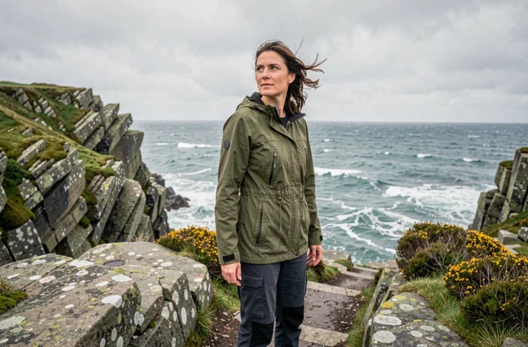 Femme en veste de randonnée sur un sentier côtier breton avec vue sur l'océan Atlantique et falaises de granit