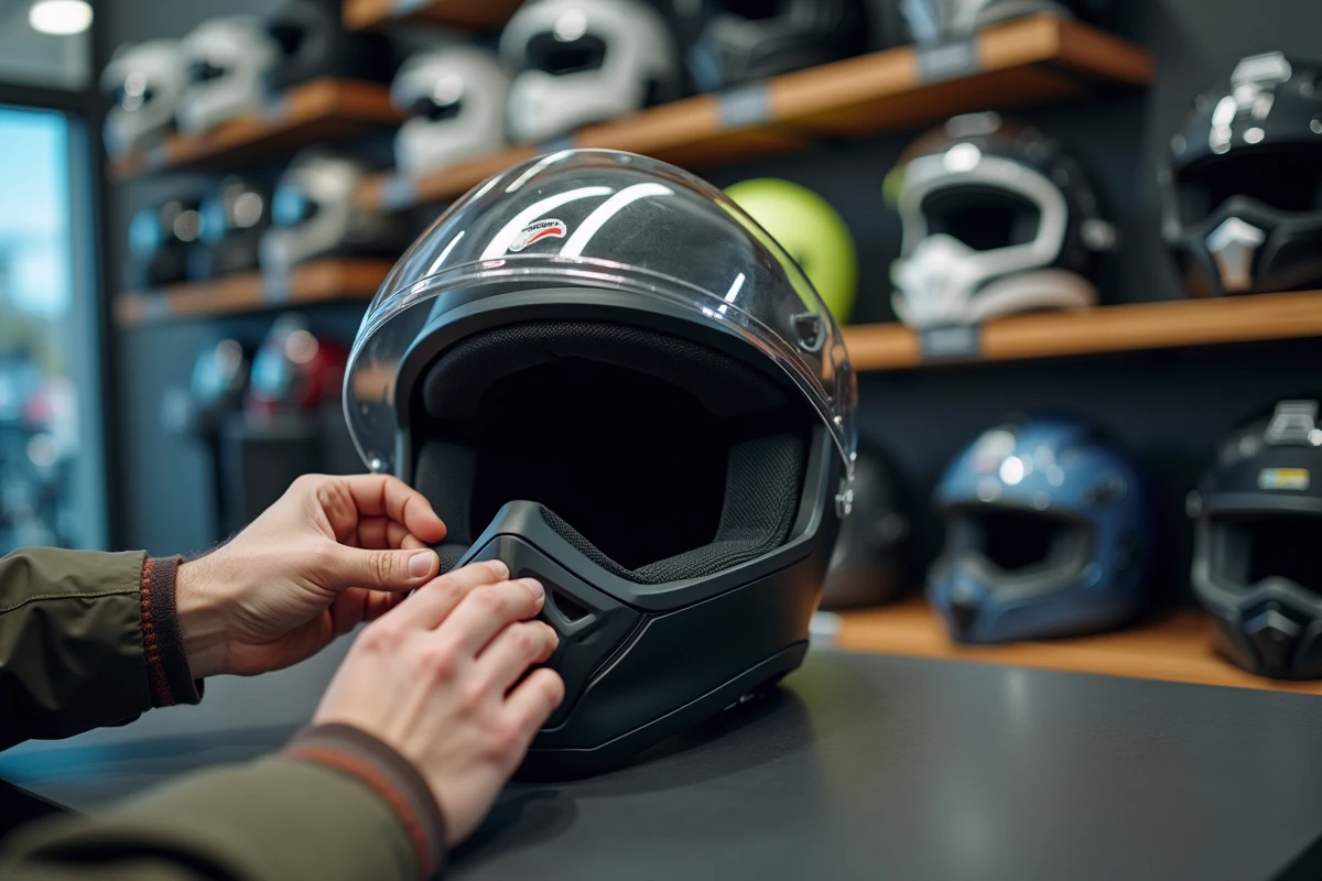 Conseiller en magasin montrant comment retirer les joues intérieures d'un casque moto pour ajustement, boutique équipement moto