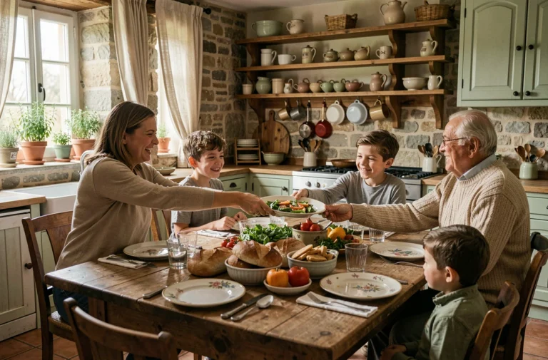 Famille multigénérationnelle réunie autour d'un repas convivial dans une cuisine de ferme française chaleureuse