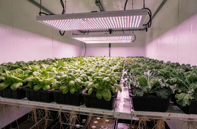 Salle de culture hydroponique professionnelle éclairée par des LED horticoles VGD avec rangées de plantes vertes luxuriantes sous spectre rose-violet