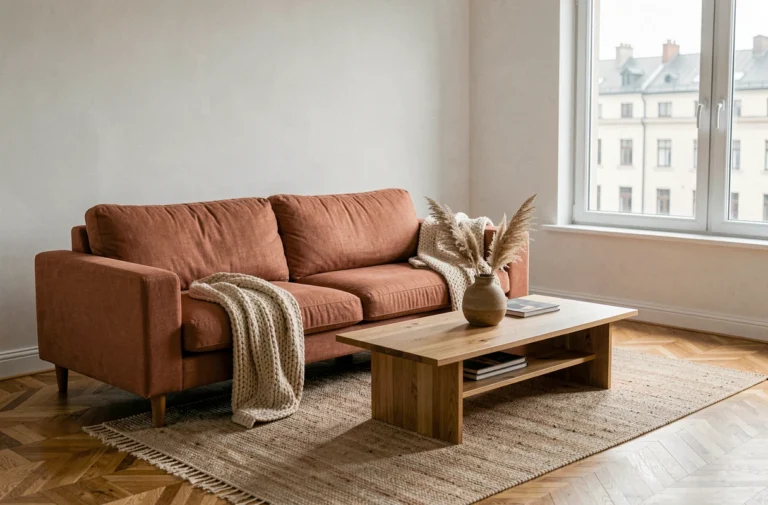 Salon moderne de style scandinave avec canapé en lin terracotta, table basse en chêne et décoration naturelle aux tons chauds