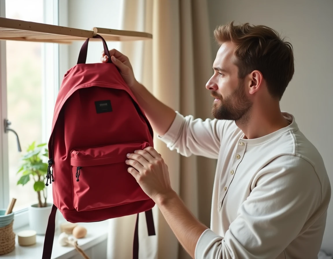 Homme faisant sécher un sac à dos Eastpak rouge sur un séchoir après un lavage en machine à domicile
