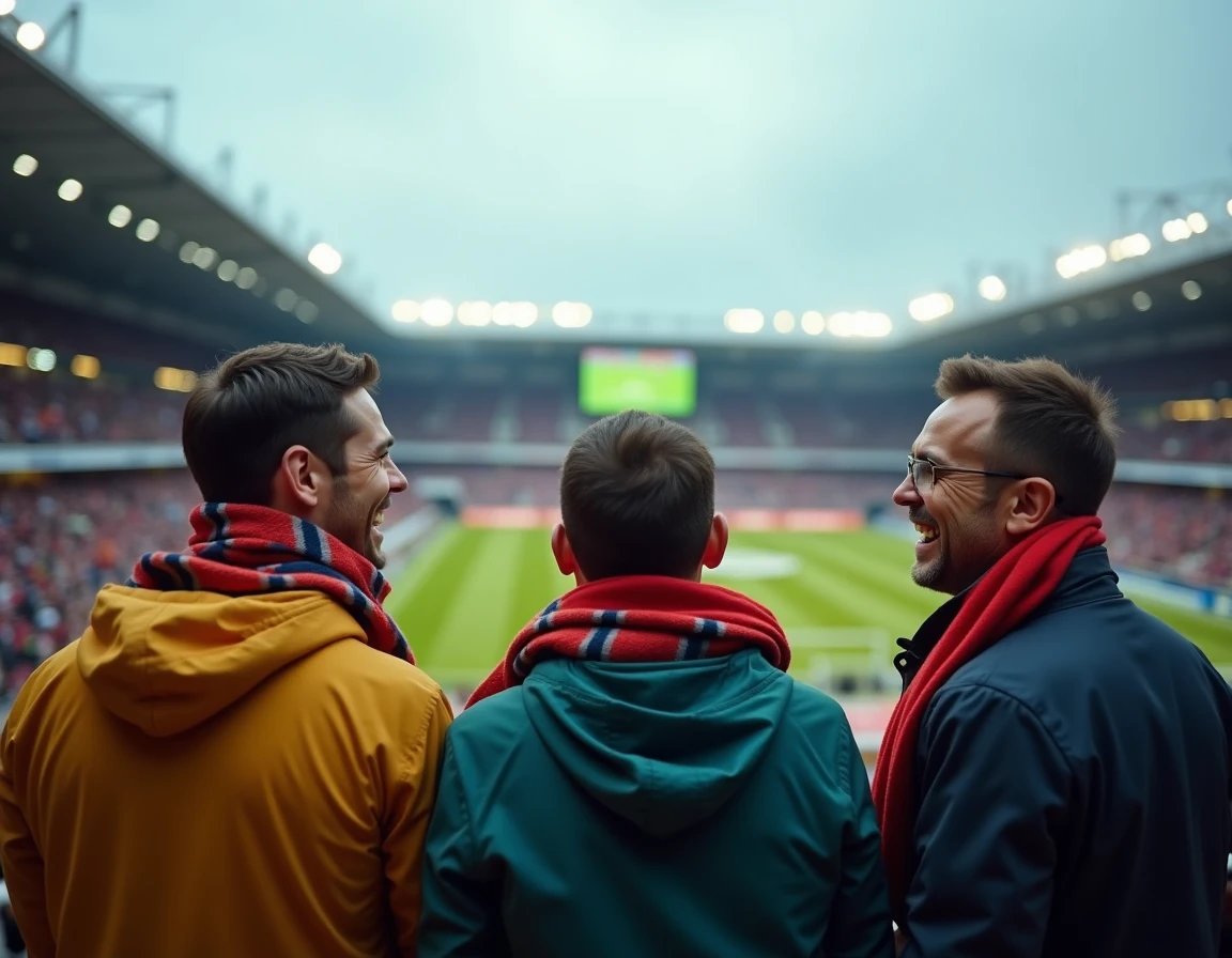 Groupe de supporters passionnés réagissant à un match en direct devant un écran géant au stade