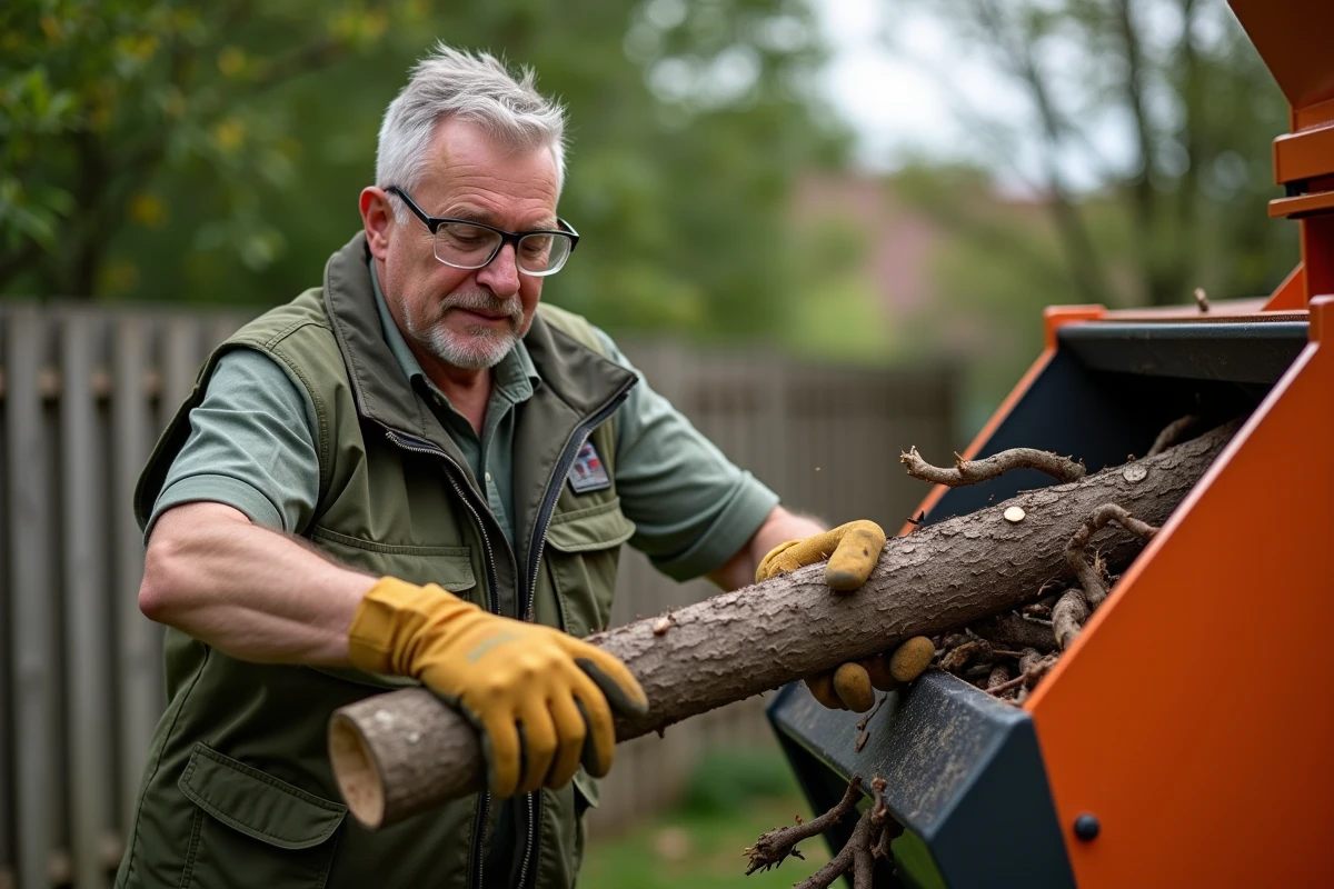 Homme utilisant le broyeur Denqbar 5100W pour déchiqueter des branches dans un jardin résidentiel