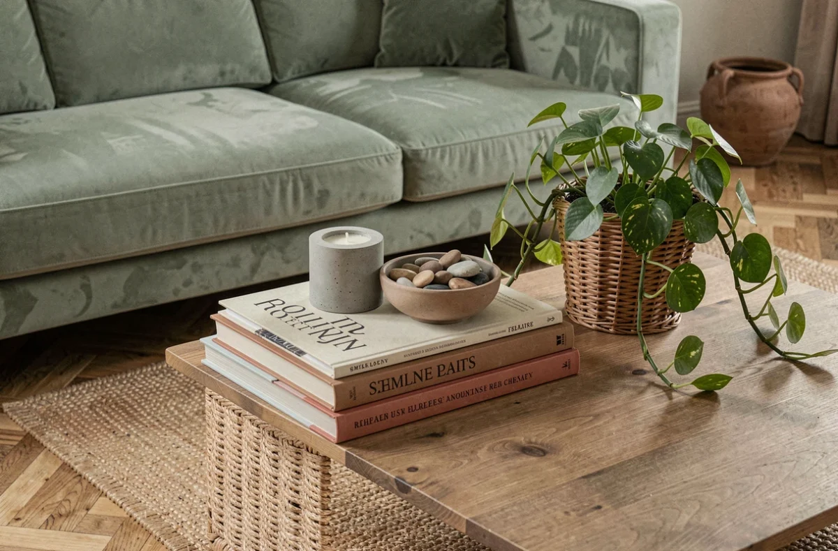 Vignette décorative sur table basse avec livres d'art, bougeoir en béton, bol en céramique et plante pothos dans un appartement contemporain