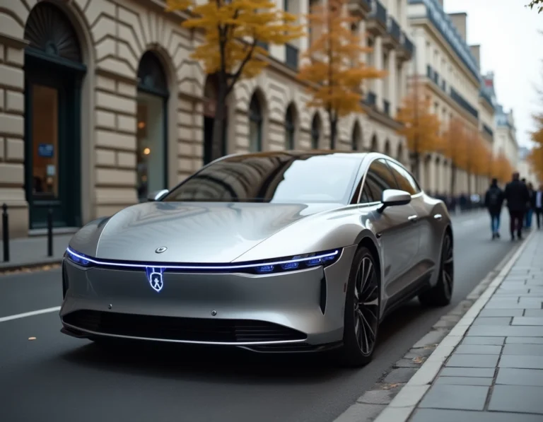 Voiture hybride moderne garée dans une rue parisienne avec reflets architecturaux sur la carrosserie argentée
